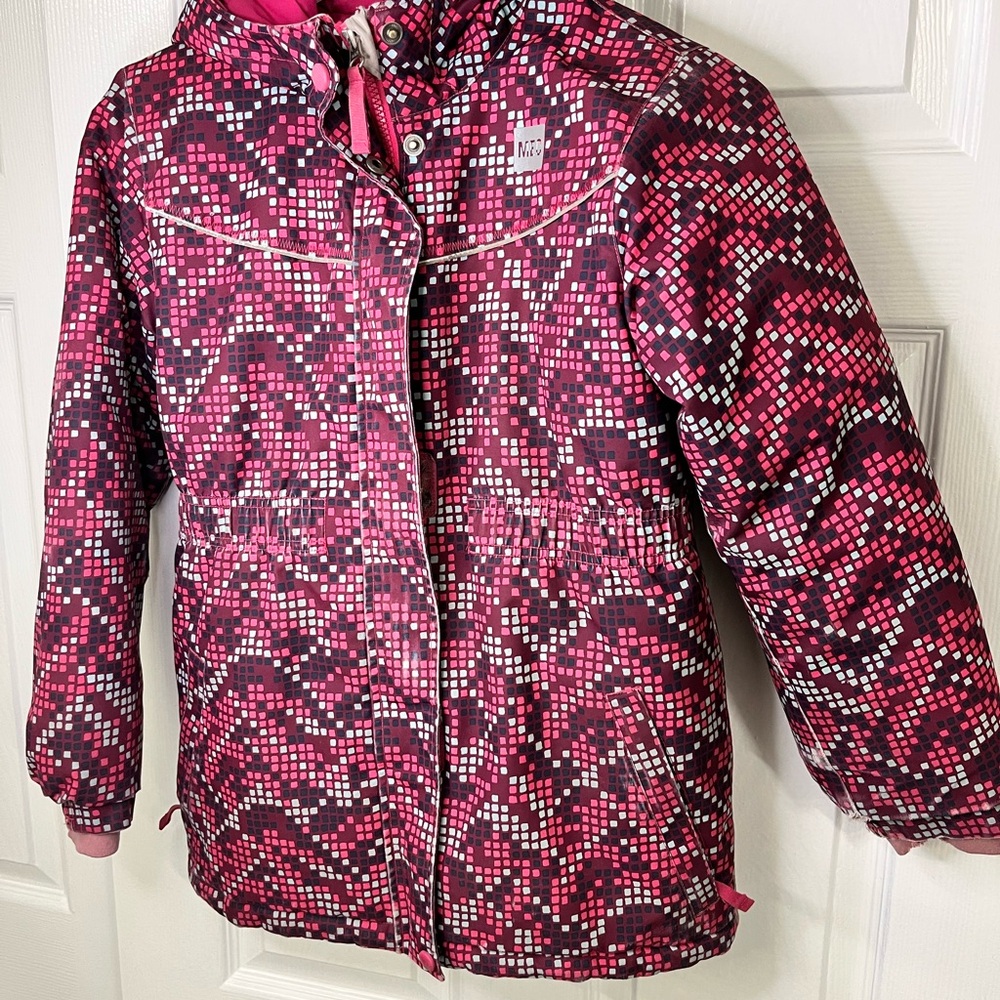 MEC Girls Winter Jacket Size 10 Pink Pattern Hooded Coat Kids Snow Coat
